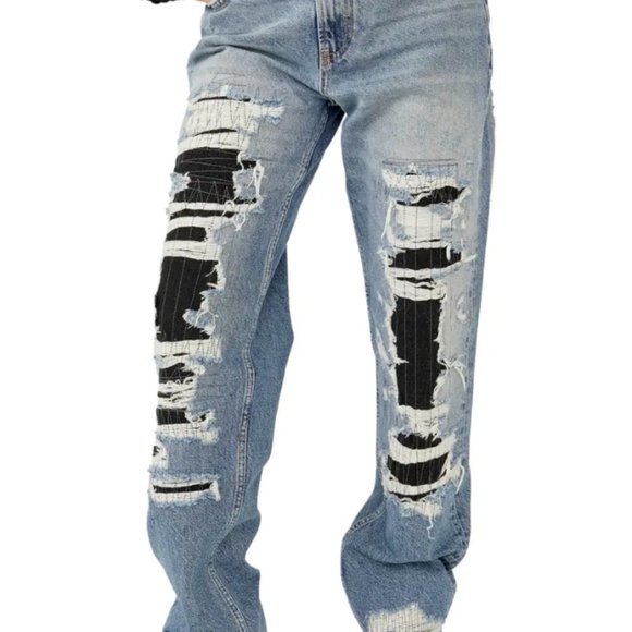 Free People McCoy Destroyed Straight Leg Jeans in Tattered Blue - Picture 5 of 6